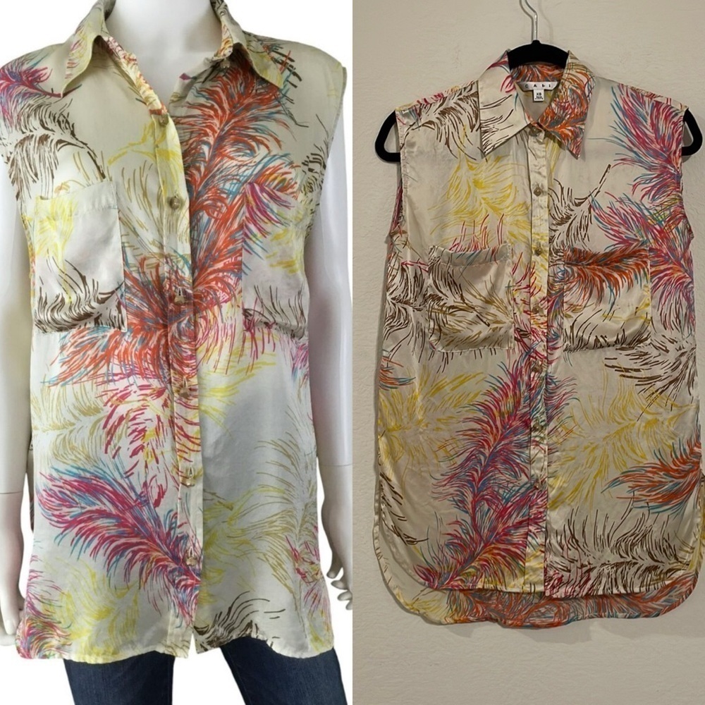 Cabi Women's 100% Silk Button Front Top XS Colorful Feather Print Sleeveless